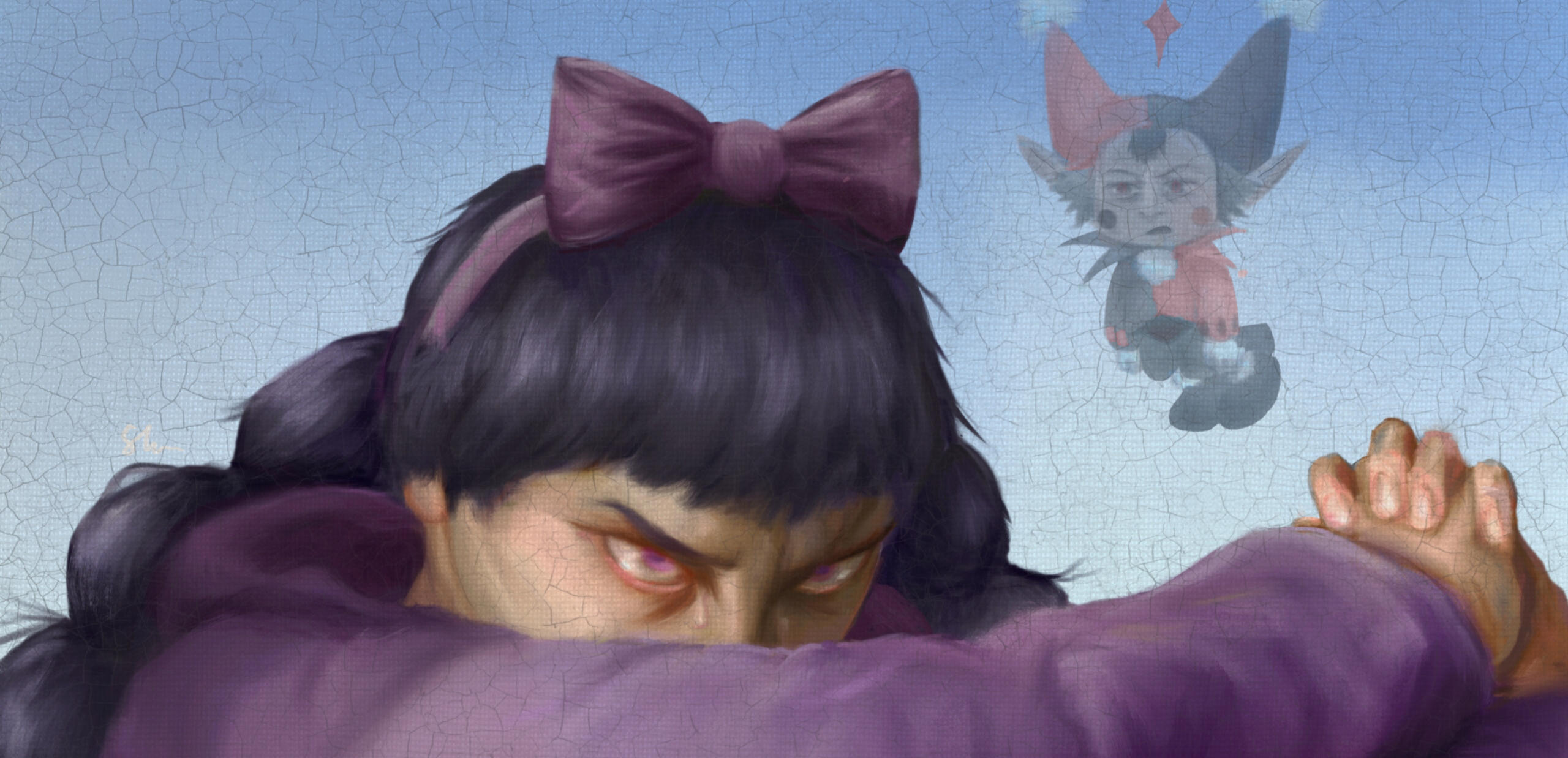 Closeup of a parody painting of Fallen Angel by Alexandre Cabanel, featuring Tabbie and Strength from This Magical Girl is a B*tch.