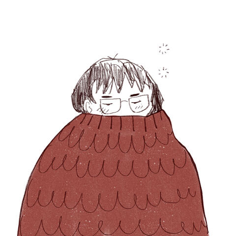 Sleepy, glasses-wearing person hunched into an oversized sweater.